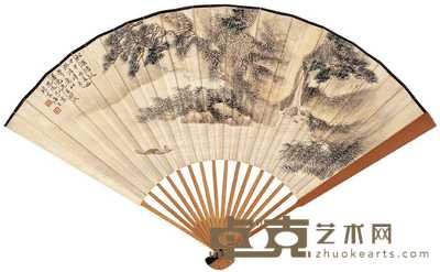 尤小云 甲申1944年作 松溪清泛 成扇 18×47cm